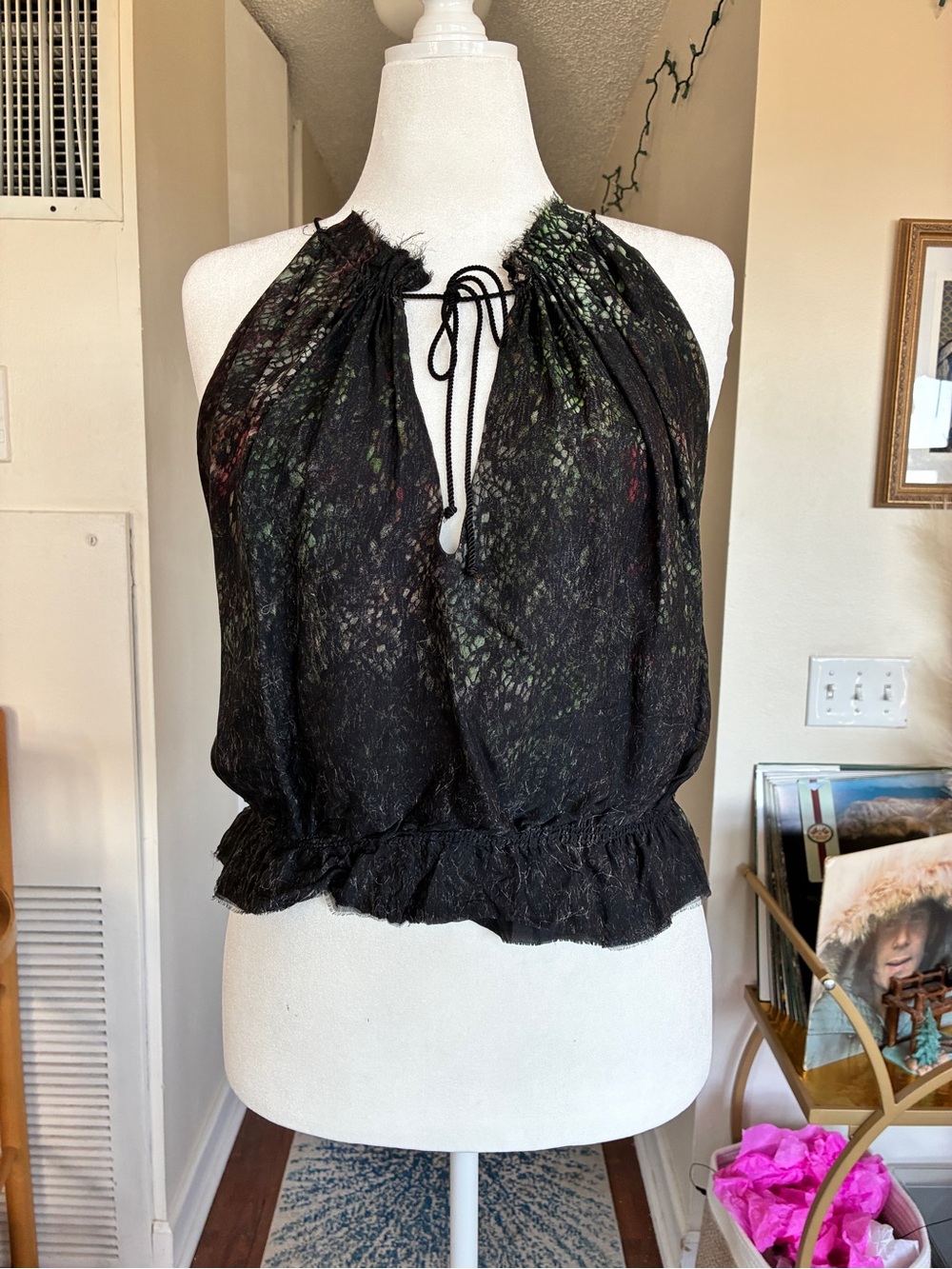 Women’s Black Halter Tie Neck Blouson Top